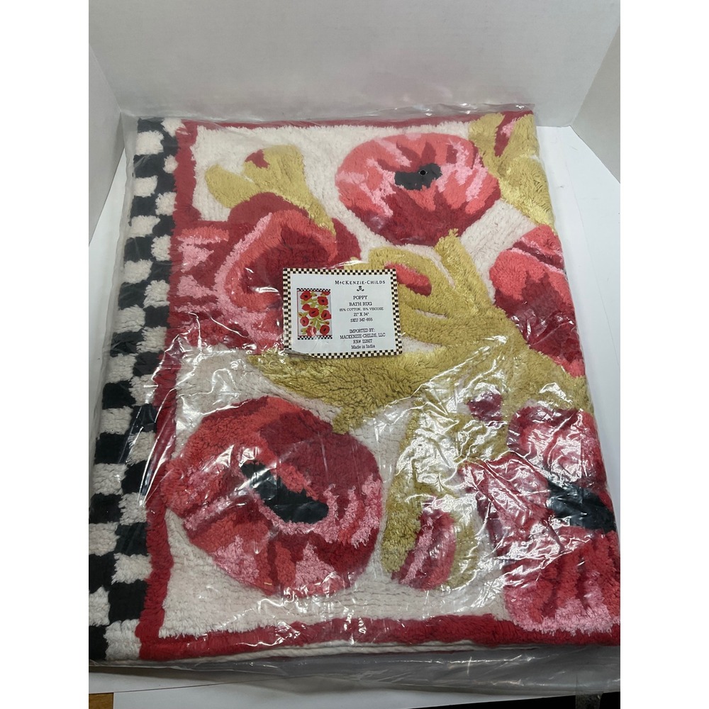 Mackenzie-Childs Poppy Bath Rug Floral Courtly Check Red Pink 21x34 New 347-655